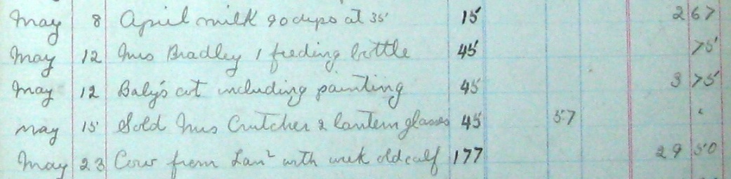 Page out of Alfred Johns' mission account book showing purchase of cow with calf.